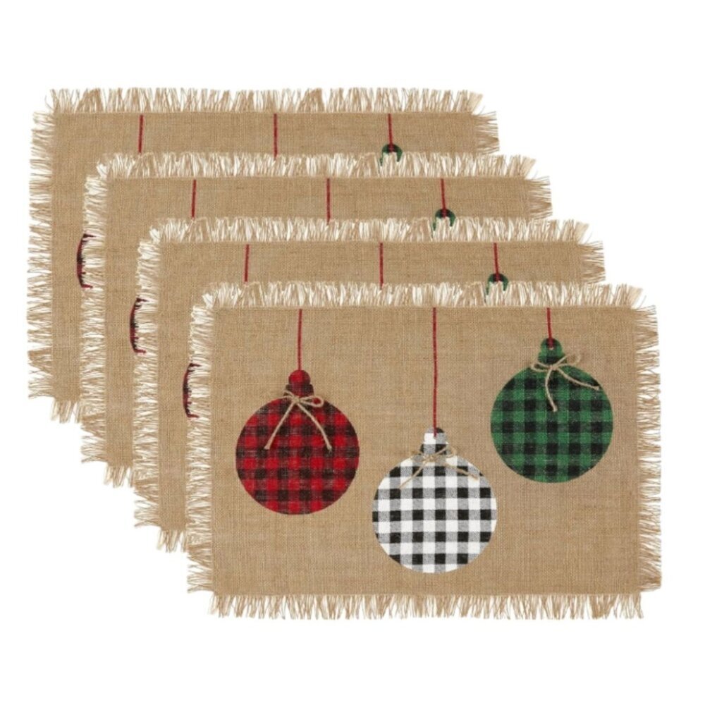 Elrene Farmhouse Holiday Christmas Ornaments Jute Placemat Set of 4 Gingham NEW